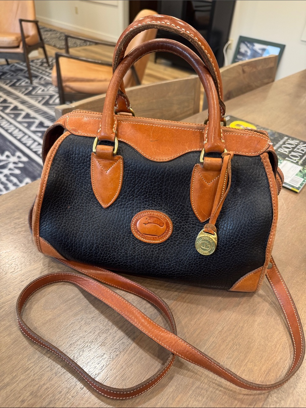 Vintage Dooney & Bourke Leather Two-Tone British Tan/ Navy Crossbody Satchel